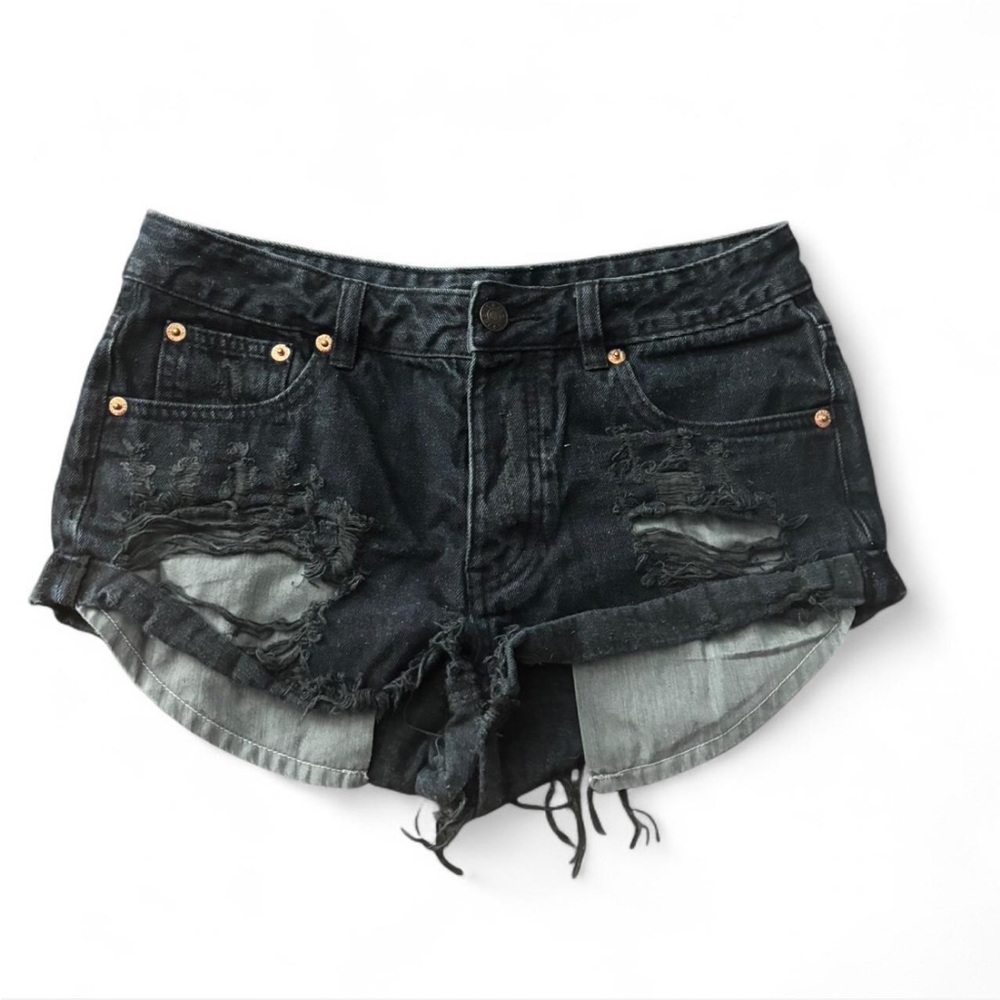 Distressed Black Denim Shorts